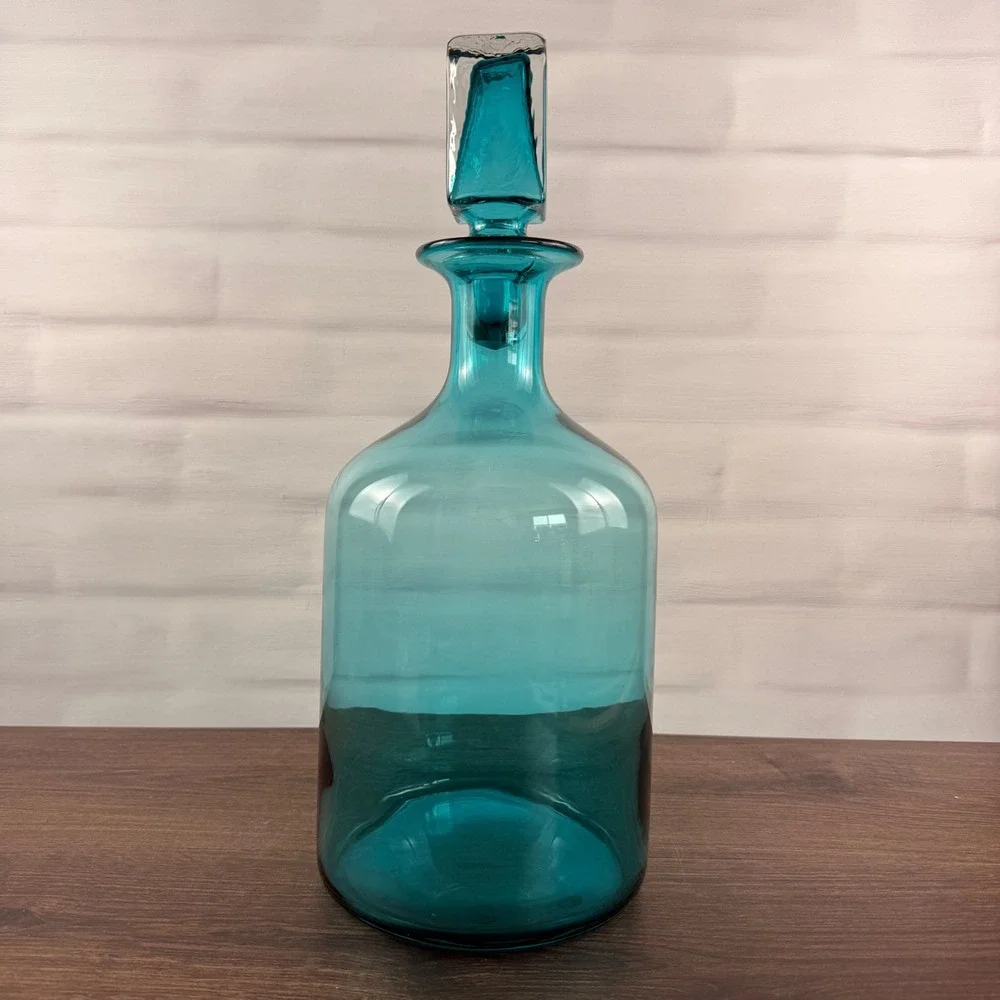 Z Gallerie Large Teal Blue Art Glass Decanter Square Stopper 17